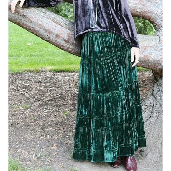 Witchy Dark Romantic Sz Large Deep Green Velvet Tiered Maxi Skirt Karma N Craft - Picture 1 of 8